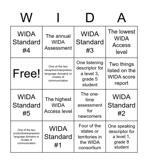WIDA Scavenger Hunt Bingo Card