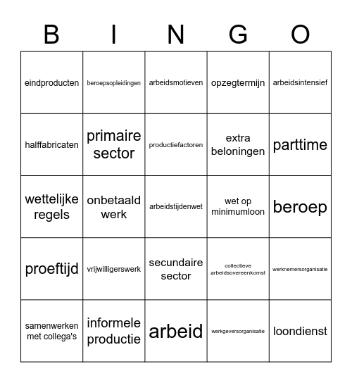 Werk en Bedrijf Bingo Card