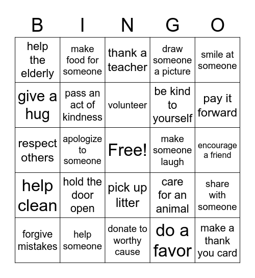 kindness Bingo Card