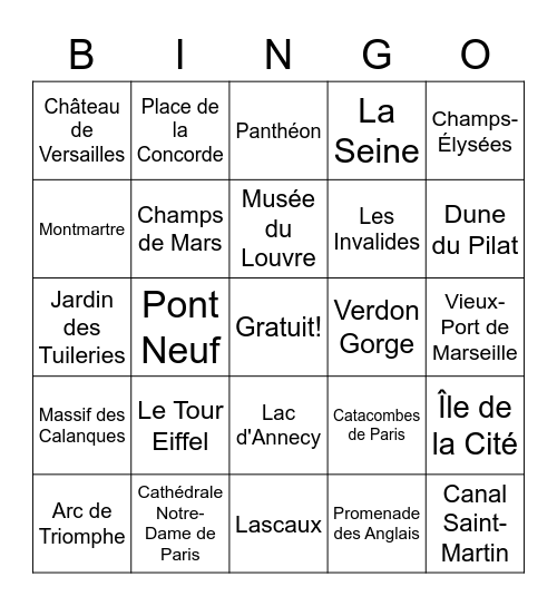 Les monuments de la France Bingo Card