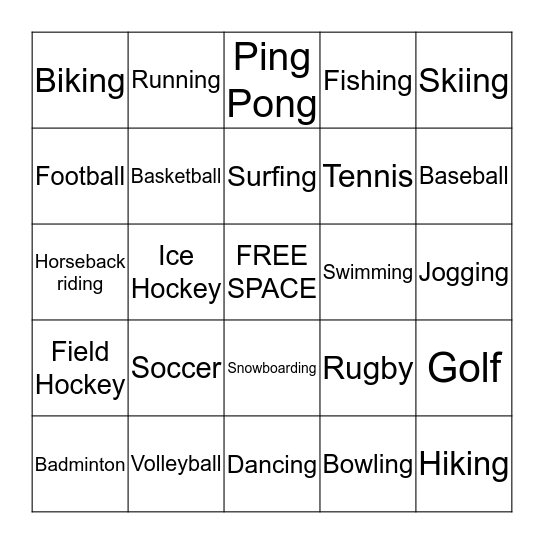 Sports/ Activities  Bingo Card