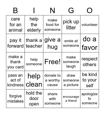 kindness Bingo Card