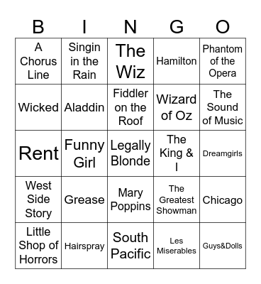 Songs from Musicals Bingo Card