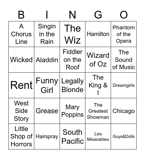 Songs from Musicals Bingo Card