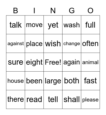 Sight Word Bingo Card