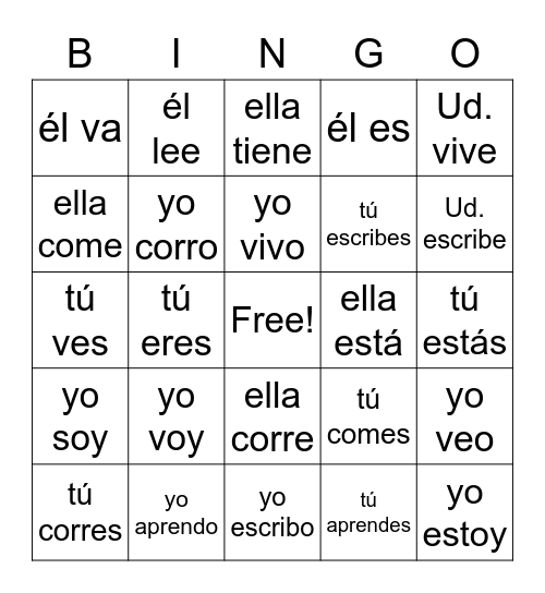 -ER/-IR/verbos especiales (yo/tú/él-ella-Ud.) Bingo Card