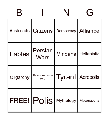 Greece Vocabulary Bingo Card