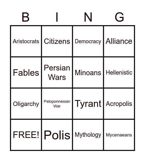 Greece Vocabulary Bingo Card