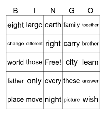 Second Grade Sight Words Bingo Card