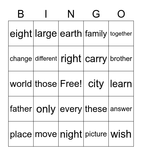 Second Grade Sight Words Bingo Card