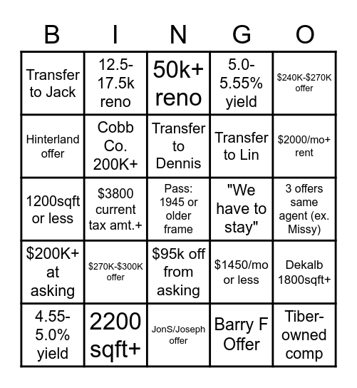 GA TEAM Offer Bingo Card