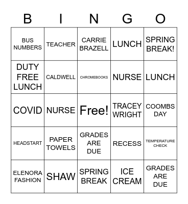 BERKELEY INTERMEDIATE Bingo Card