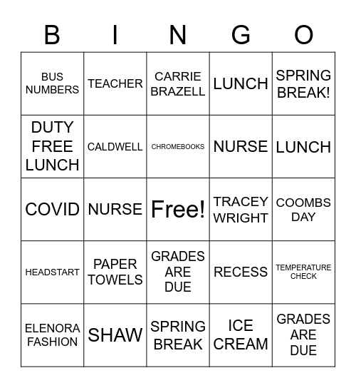 BERKELEY INTERMEDIATE Bingo Card