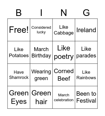 St Patrick's Day Bingo Card