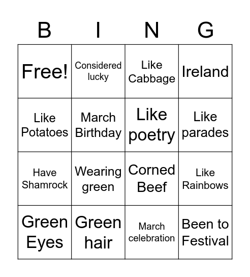 St Patrick's Day Bingo Card