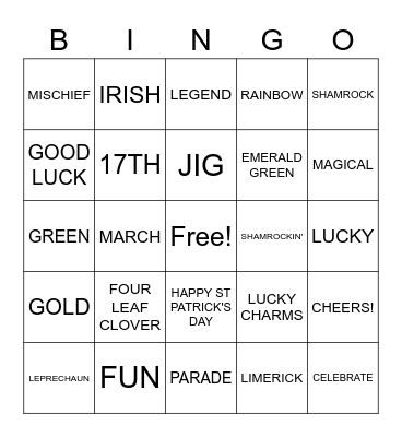 Happy St Patrick's Day Bingo Card