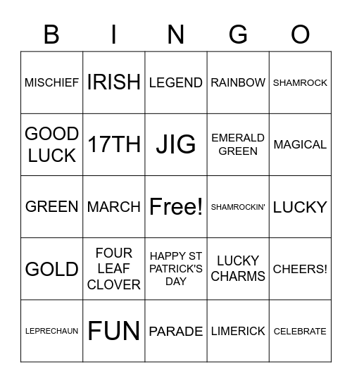 Happy St Patrick's Day Bingo Card