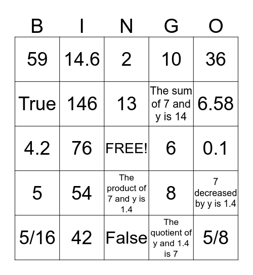 Equations Bingo Card