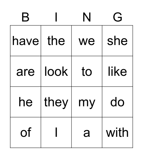 Sight Word Bingo Card