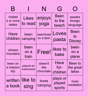 Life Experiences Bingo Card