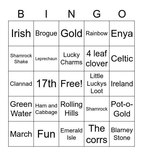 St Pats Bingo Card