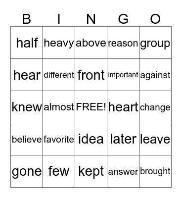 SIGHT WORD BINGO Card