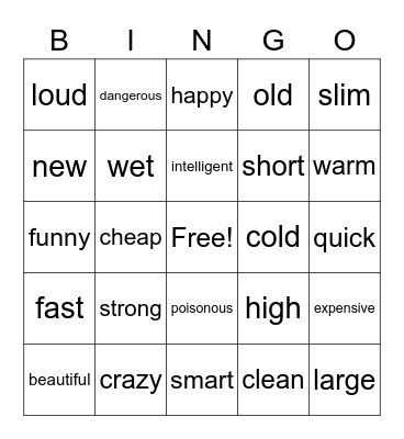Adjectives Bingo Card