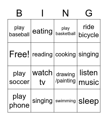 activities Bingo Card