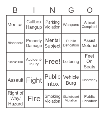 TCC Police Dispatch Bingo Card