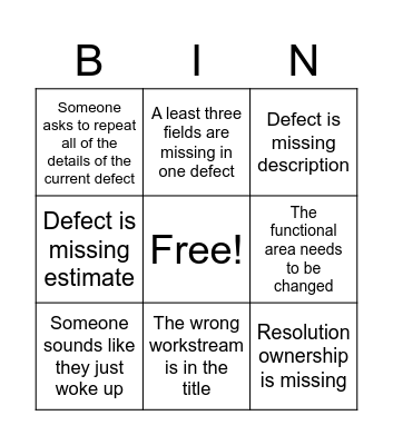 Defect Bingo Card