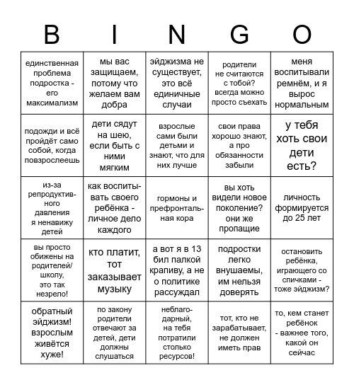 Эйджист-бинго Bingo Card