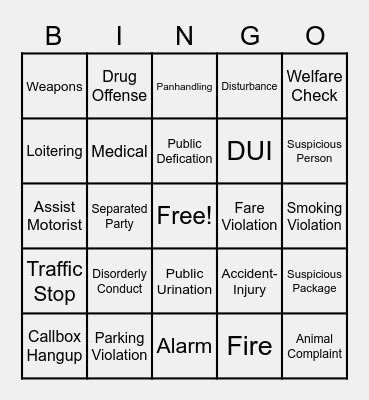 TCC Police Dispatch Bingo Card