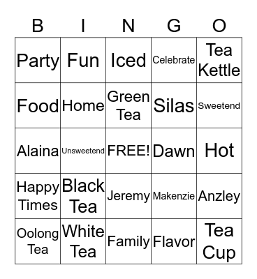 Tea Party Bingo Card