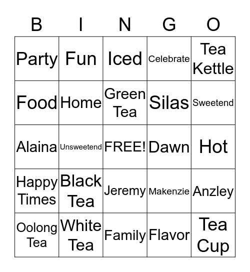 Tea Party Bingo Card