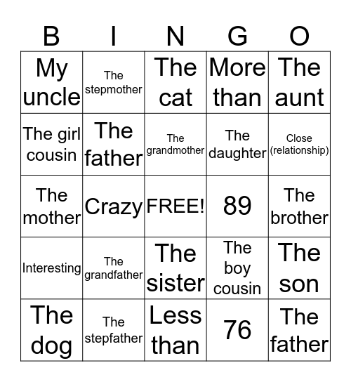 La familia Bingo Card