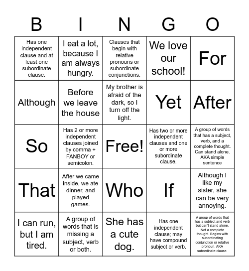 Types of Sentences Bingo Card