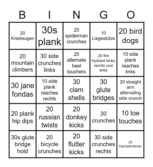 stomach and waist workout Bingo Card