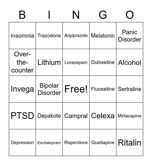 Psychiatric Medication Bingo Card