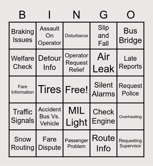 TCC Bus Dispatch Bingo Card