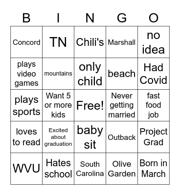 Class of 2021 Bingo Card