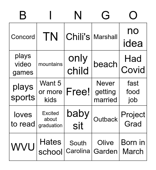 Class of 2021 Bingo Card