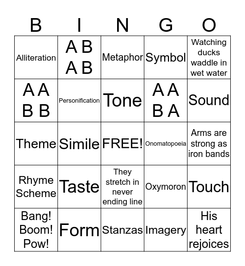 Poetry Review Bingo Card