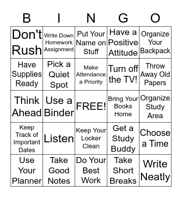 Study Skills Bingo Card