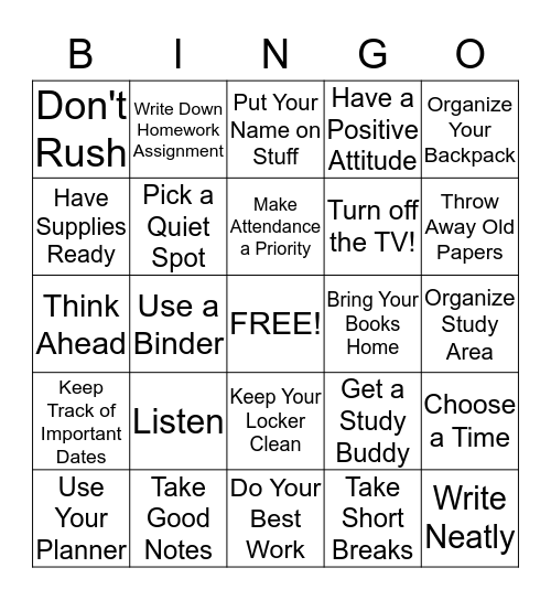 Study Skills Bingo Card