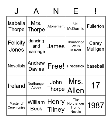 Northanger Abbey Bingo Trivia Bingo Card