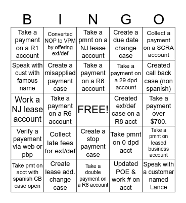 Dialer Bingo Card