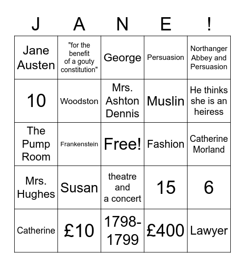 Northanger Abbey Bingo Card