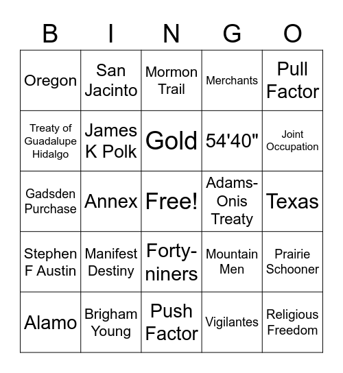 MANIFEST DESTINY Bingo Card