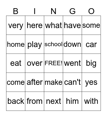 Word Wall Words Bingo Card
