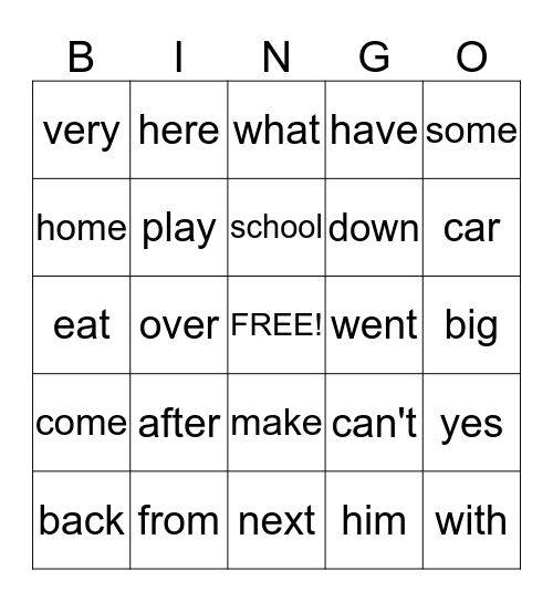 Word Wall Words Bingo Card